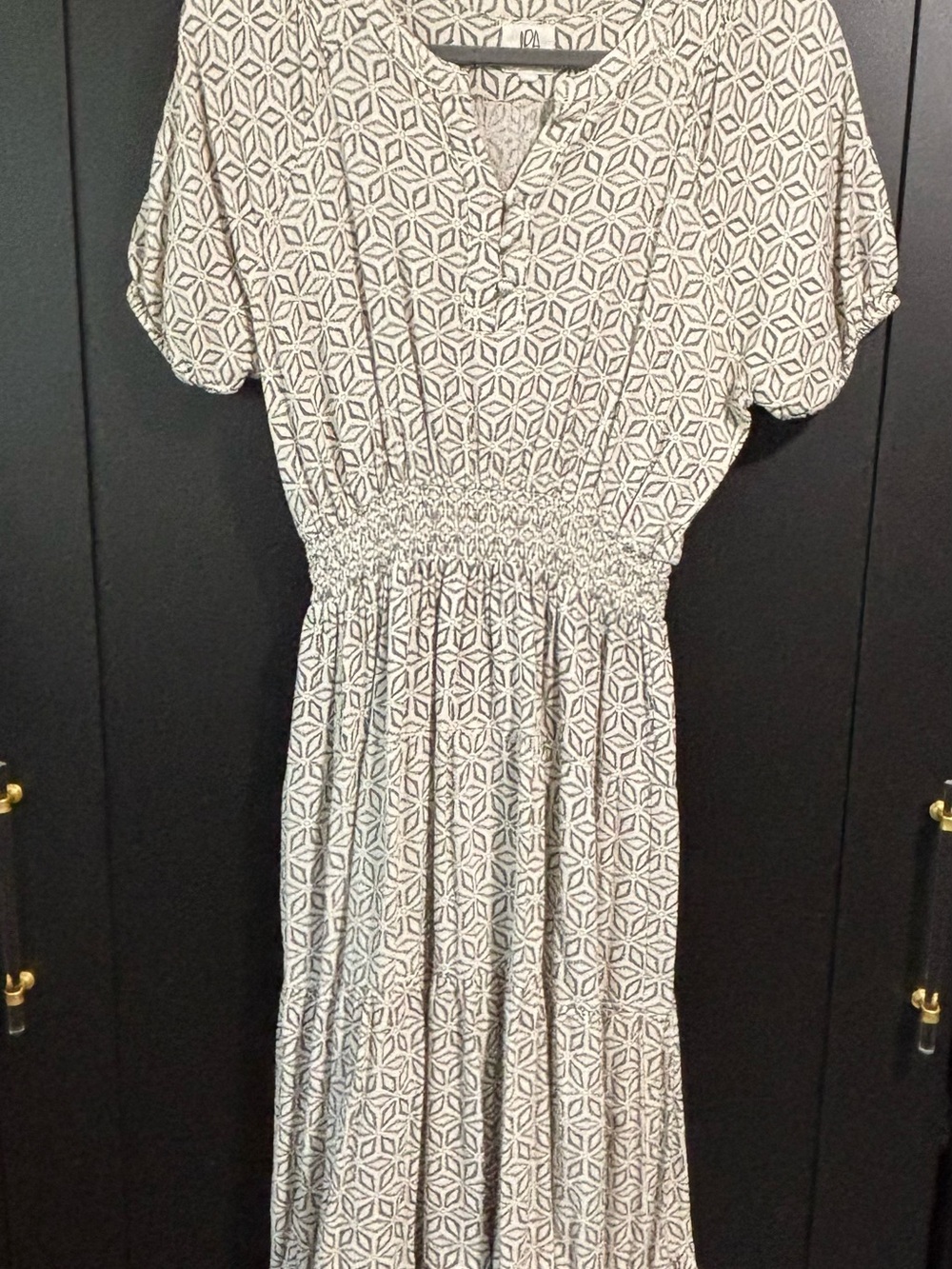 Smocked Waist Geometric Maxi Dress in Cream and Gray